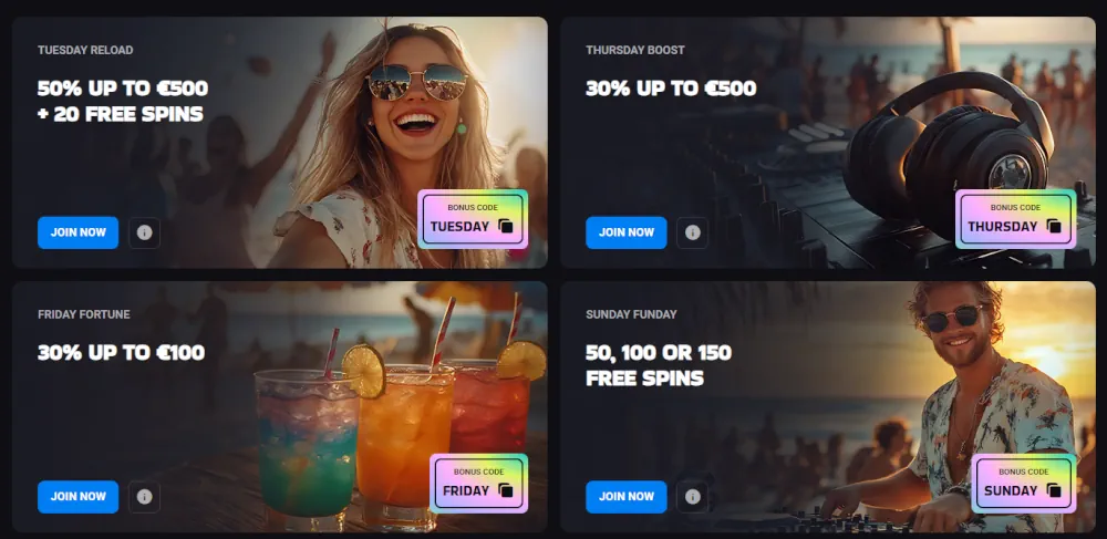 Luckyvibe Werbegitter, das verschiedene Einzahlungs- und Reload-Boni präsentiert